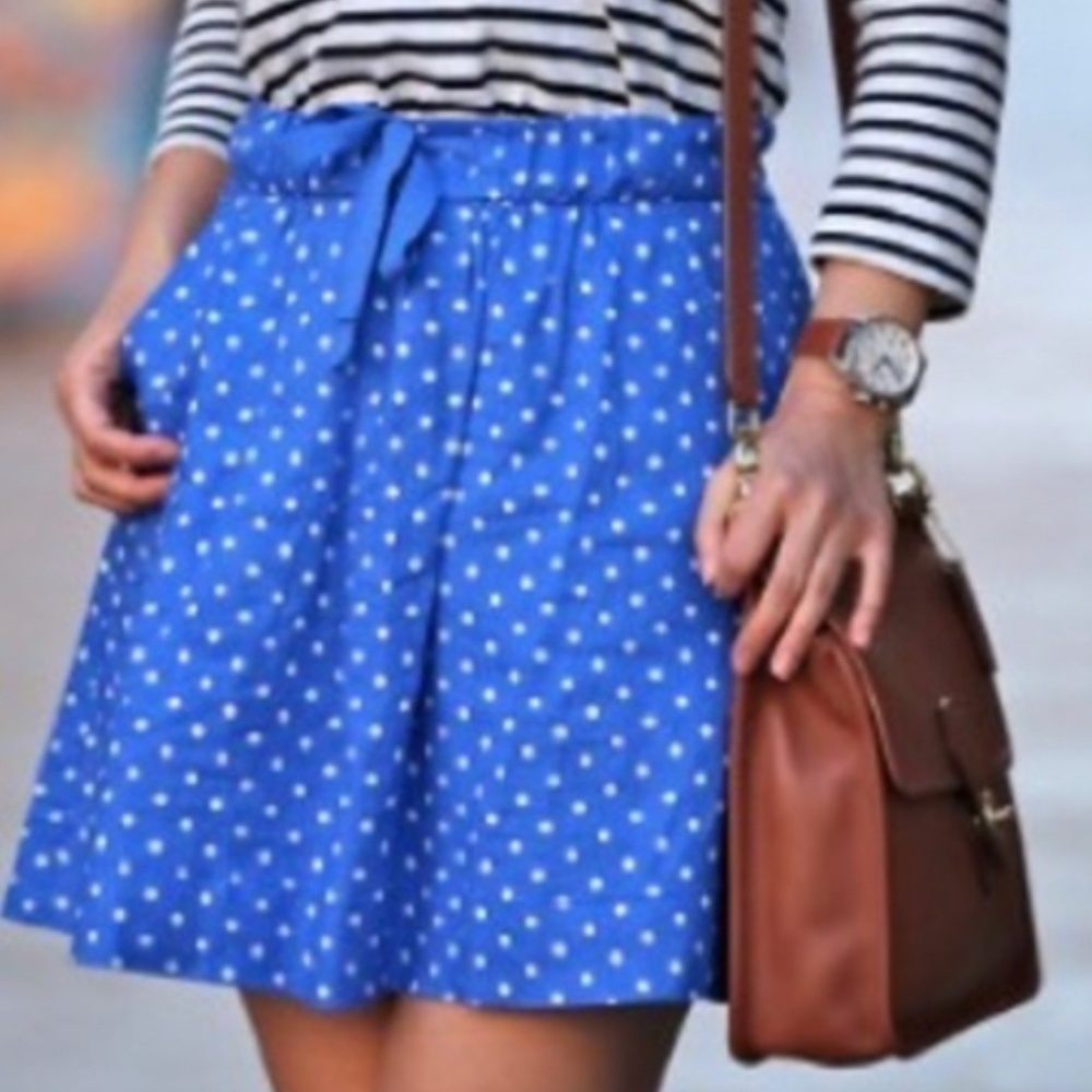 J. Crew Linen Blue Polka Dot Boardwalk Skirt, 16